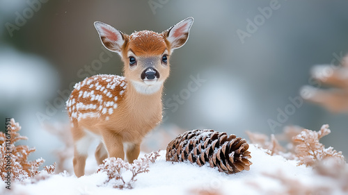 A cute baby deer in snowy landscape