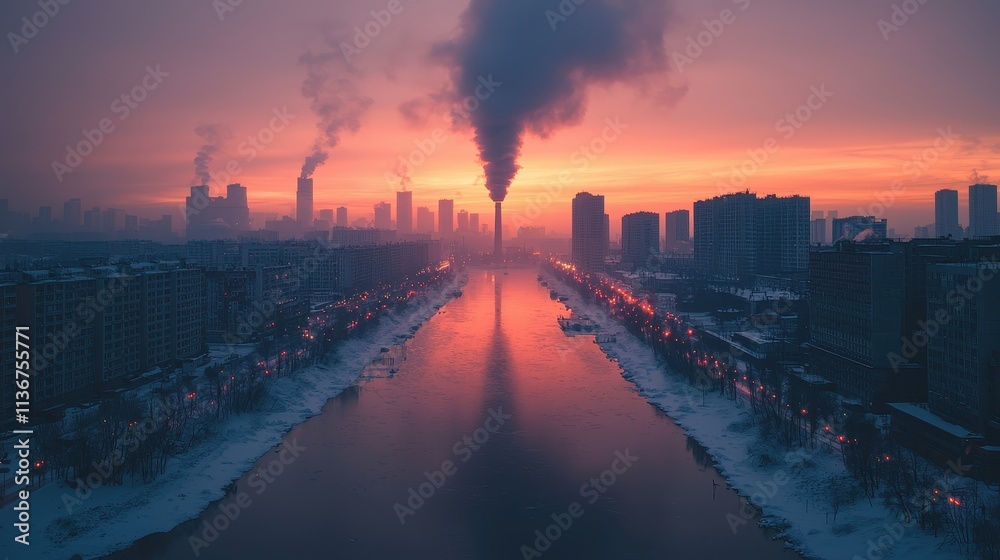 Fototapeta premium Factory Emission Impact on Air Quality at Sunset