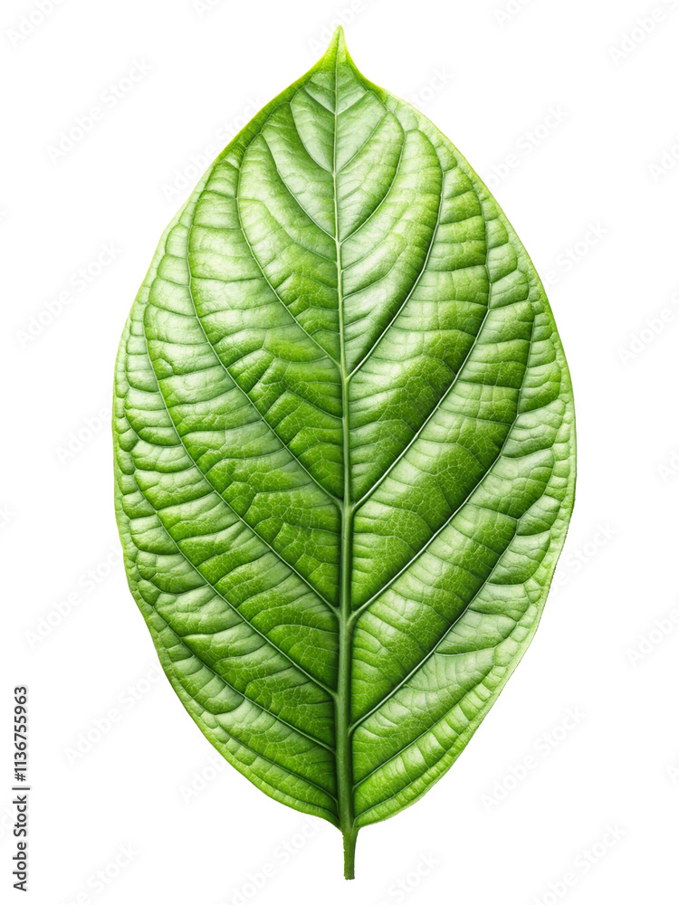 A vibrant green cocoa leaf with intricate veins, delicately isolated on a clean white background, featuring subtle natural shadows to emphasize its organic texture and shape A vibrant green cocoa leaf with intricate veins, delicately isolated on a clean white background, featuring subtle natural shadows to emphasize its organic texture and shape