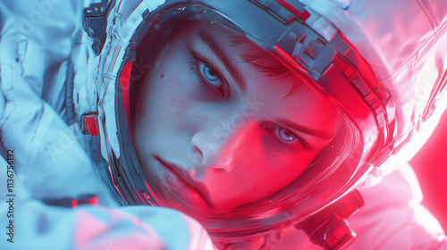 An astronaut focuses intently while surrounded by colorful, glowing lights photo