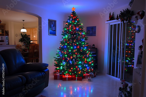 A Christmas Tree with Colorful LED Lights Twinkling Brightly. photo
