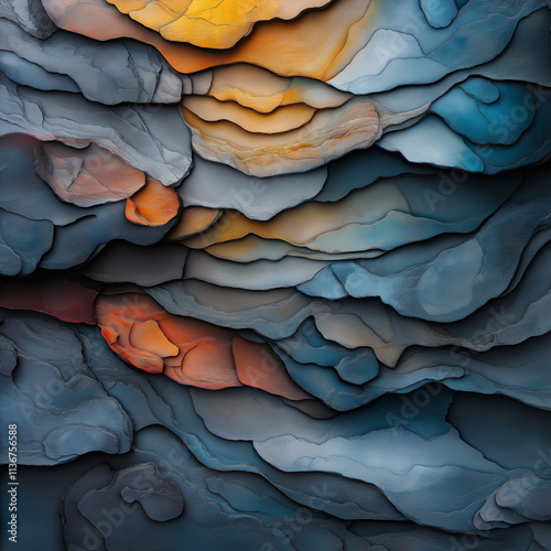 Abstract layered texture in blue, orange, and gray tones photo