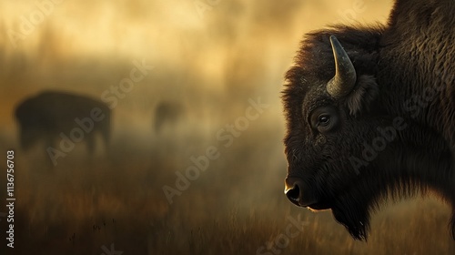 A majestic bison stands in profile against a misty, golden backdrop, embodying the spirit of the wild. photo