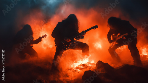 Musicians play electric guitars while surrounded by flames and smoke photo