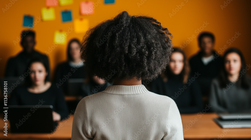 A person is presenting in a classroom full of attentive students at desks A person is presenting in a classroom full of attentive students at desks