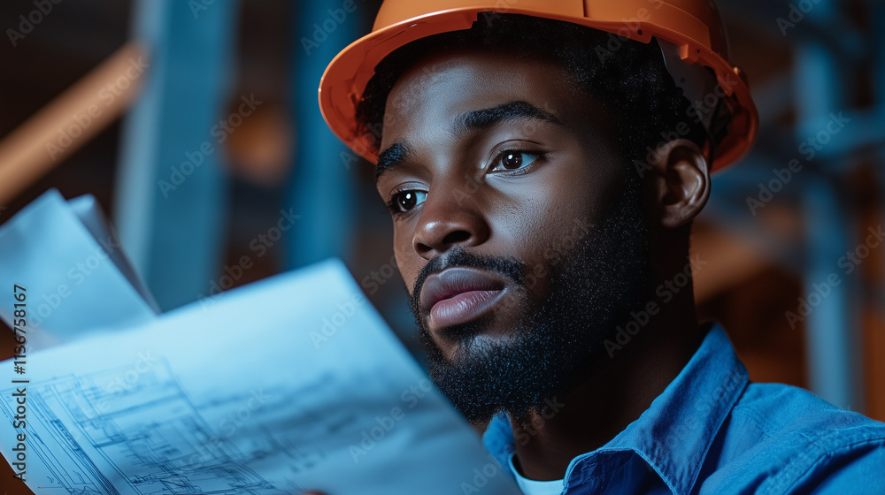 Construction worker examines plans while standing in a site at noon Construction worker examines plans while standing in a site at noon