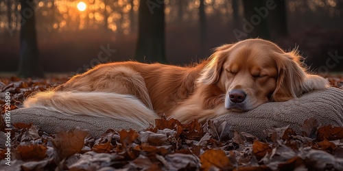 A golden retriever enjoys a tranquil nap on a cushion amidst colorful autumn leaves at dusk photo