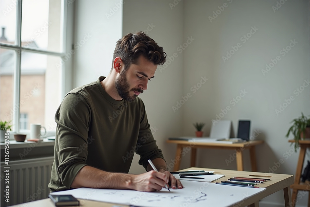 Man appearing focused while sketching in a minimalist studio Man appearing focused while sketching in a minimalist studio