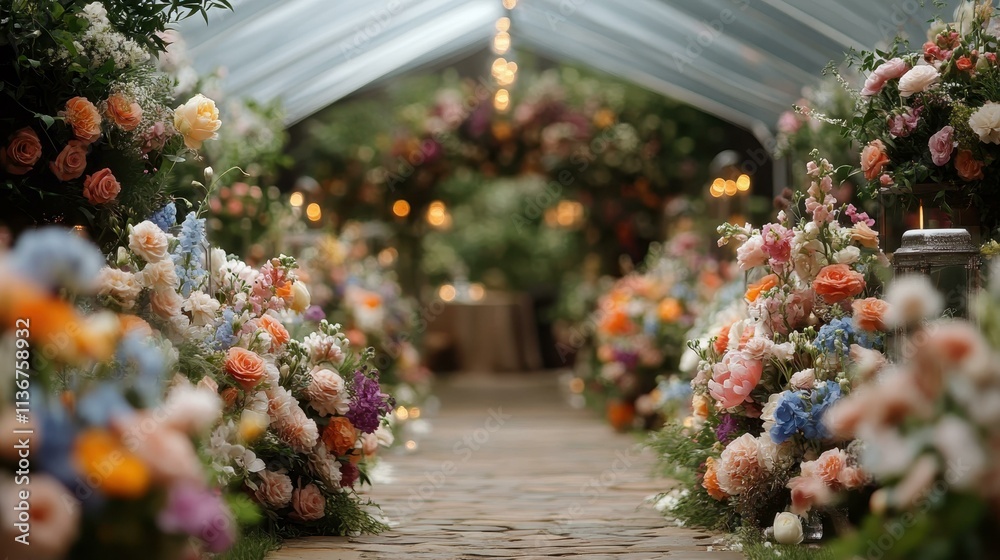 Fototapeta premium Elegant floral arrangements with pastel roses and greenery lining aisle, wedding ceremony decoration, romantic event setup, soft natural light, garden venue, festive atmosphere