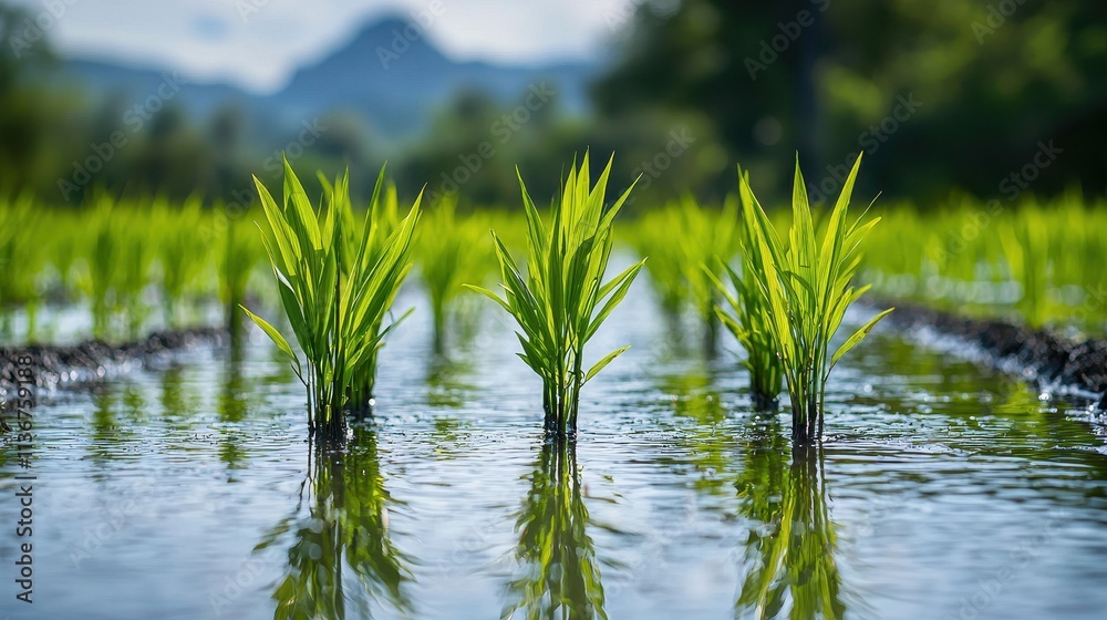 Fototapeta premium Serene Green Reeds Rising from Reflective Waters