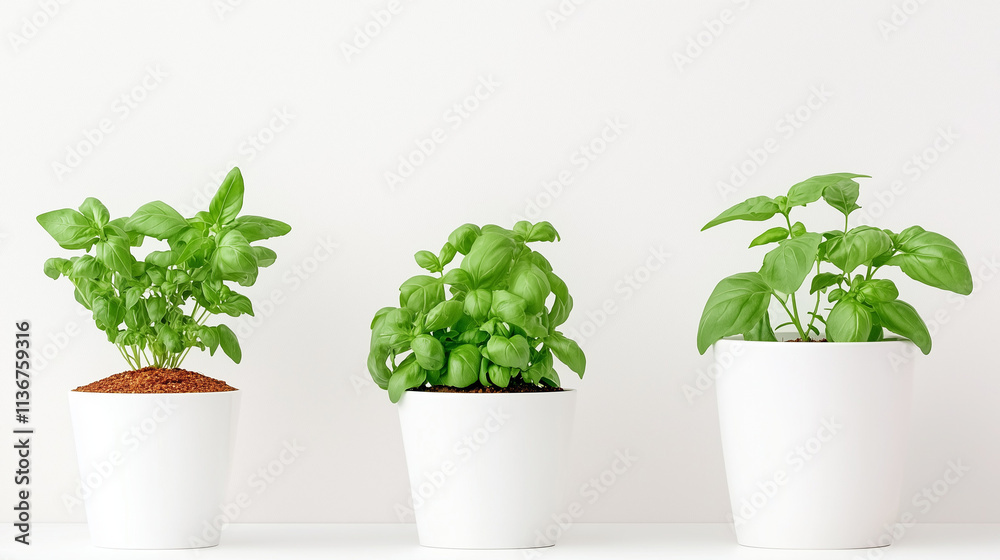Fototapeta premium Three basil plants in white pots sit against a neutral background