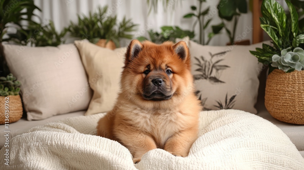 Fluffy Chow Chow puppy sitting on cream blanket in cozy nook Fluffy Chow Chow puppy sitting on cream blanket in cozy nook