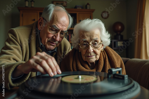 Elderly couple feeling nostalgic while listening to an old record player