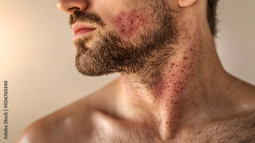 Detailed Close-up of Photodermatitis on the Chest with Emphasis on Skin Texture and Irritation Under Natural Light Detailed Close-up of Photodermatitis on the Chest with Emphasis on Skin Texture and Irritation Under Natural Light