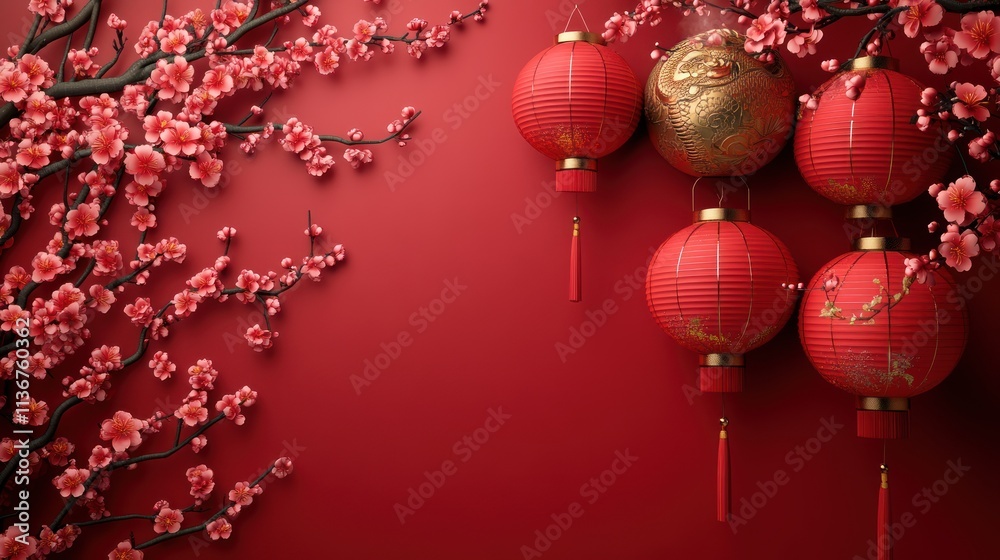 Red lanterns and cherry blossoms on red background. Red lanterns and cherry blossoms on red background.