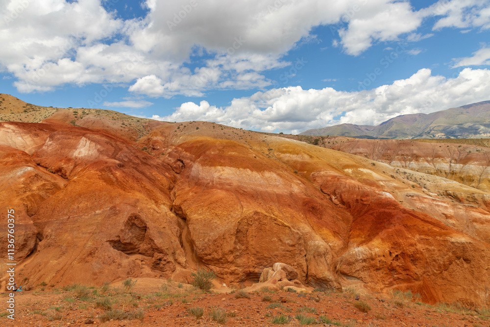 Altai Mars number one (multicolored mountains). Kyzyl Chin valley, also called as Mars valley. Chagan Uzun village, Altai republic, Russia. Altai Mars number one (multicolored mountains). Kyzyl Chin valley, also called as Mars valley. Chagan Uzun village, Altai republic, Russia.