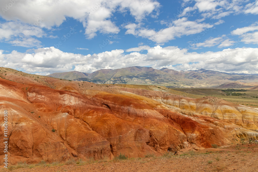 Altai Mars number one (multicolored mountains). Kyzyl Chin valley, also called as Mars valley. Chagan Uzun village, Altai republic, Russia. 