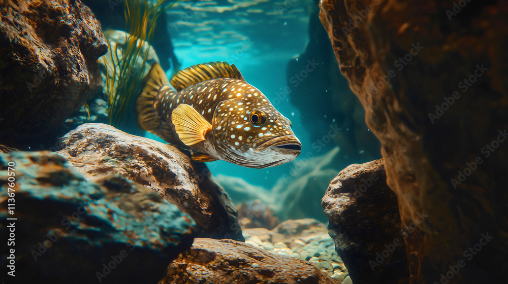 A grouper fish hiding between underwater rock formations, its large, spotted body blending perfectly with the natural marine textures. 