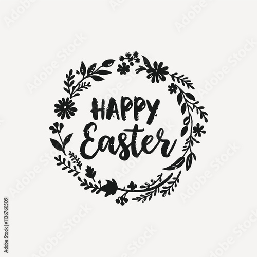 Easter wreath with easter eggs hand drawn black on white background. Decorative doodle frame from Easter eggs and floral elements Isolated vector illustration