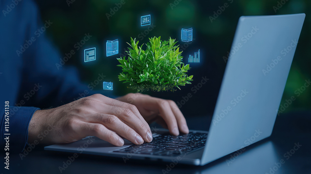 person typing on laptop with floating plant and digital icons, symbolizing technology and nature person typing on laptop with floating plant and digital icons, symbolizing technology and nature