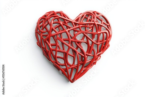 Heart sculpture made of red intertwined lines on white background perfect for decoration or art display