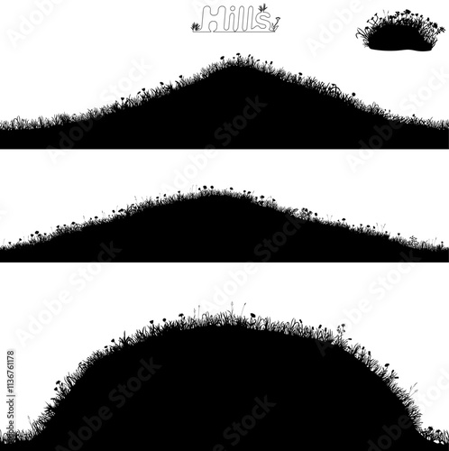 Vector set of 3 seamless hill silhouettes. Beautiful detailed hand drawn black and white landscapes. Summer ground areas with grass, flowers and ears on it. Isolated illustrations for work and design
