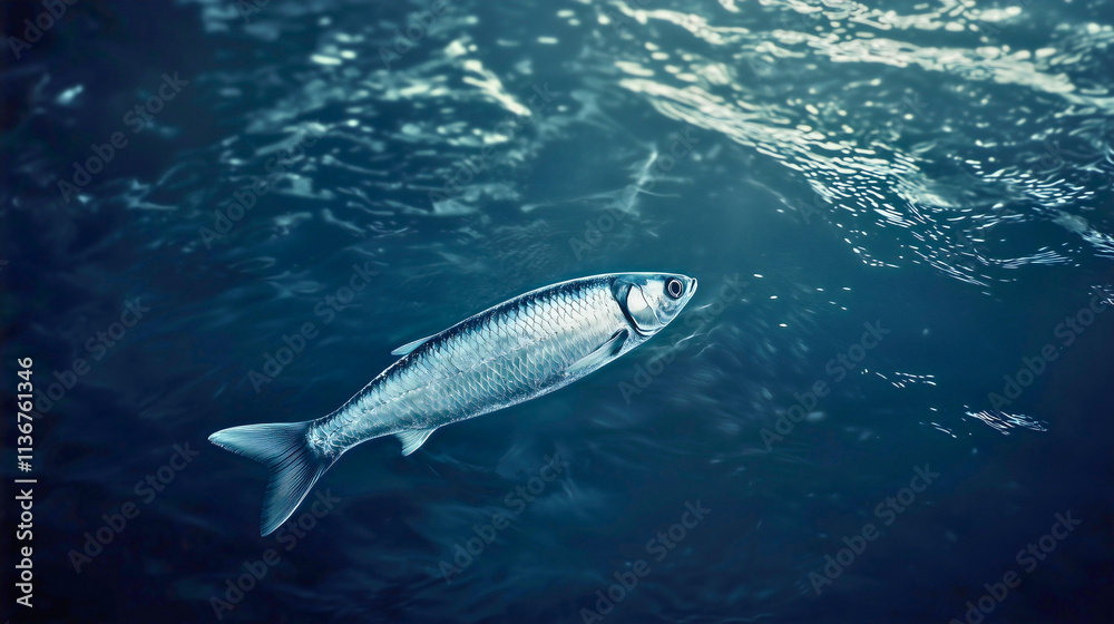 A herring floating peacefully in cold, dark ocean waters, its silvery-blue scales glinting faintly in the dim light. A herring floating peacefully in cold, dark ocean waters, its silvery-blue scales glinting faintly in the dim light.