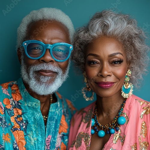 A joyful couple with gray hair and vibrant, colorful clothing, smiling and posing together in a portrait that celebrates style, confidence, and age.