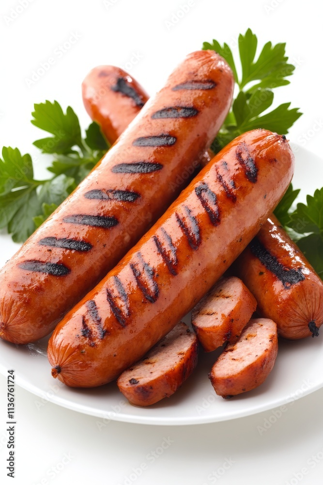 Deliciosas salchichas a la parrilla con marcas de carbón y perejil fresco sobre una cama de hojas verdes Deliciosas salchichas a la parrilla con marcas de carbón y perejil fresco sobre una cama de hojas verdes