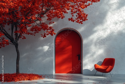 A minimalist outdoor setting featuring a vibrant red door and matching chair, surrounded by the fiery red foliage of a tree, creating a bold contrast against the white walls