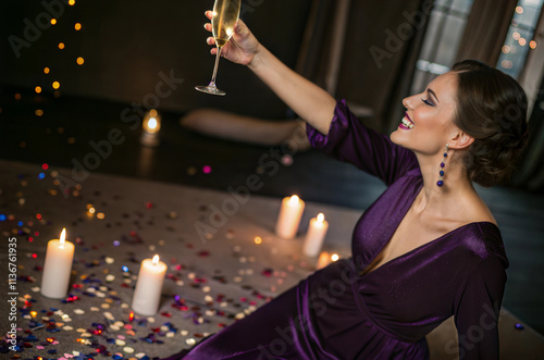 Elegant Woman in Evening Dress Toasting with Champagne Amidst Candlelight Celebration