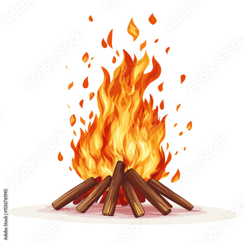 Fire Campfire or fireplace burning woodpile isolated on white background. Bonfire vector