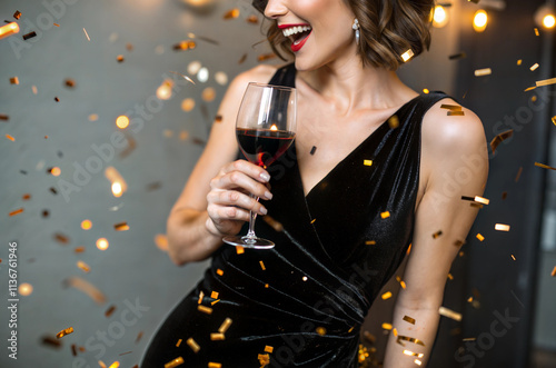 Glamorous Celebration with Elegant Woman in Black Dress and Red Wine