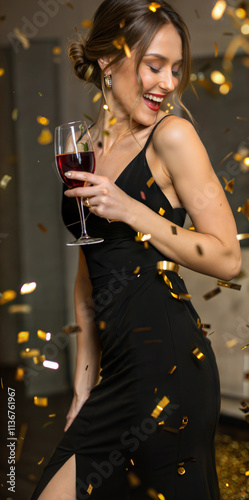 Elegant Woman Celebrating with Wine at Festive Party Surrounded by Golden Confetti