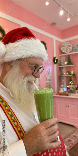 Festive Santa Enjoying Refreshing Green Smoothie in Cozy Holiday Setting