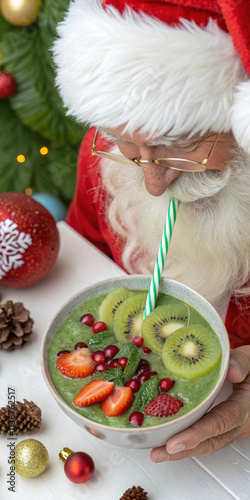 Festive Santa Enjoys a Healthy Christmas Smoothie Bowl with Fresh Fruits
