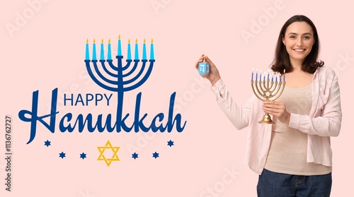 Banner for Happy Hanukkah with woman holding burning candles and dreidel photo