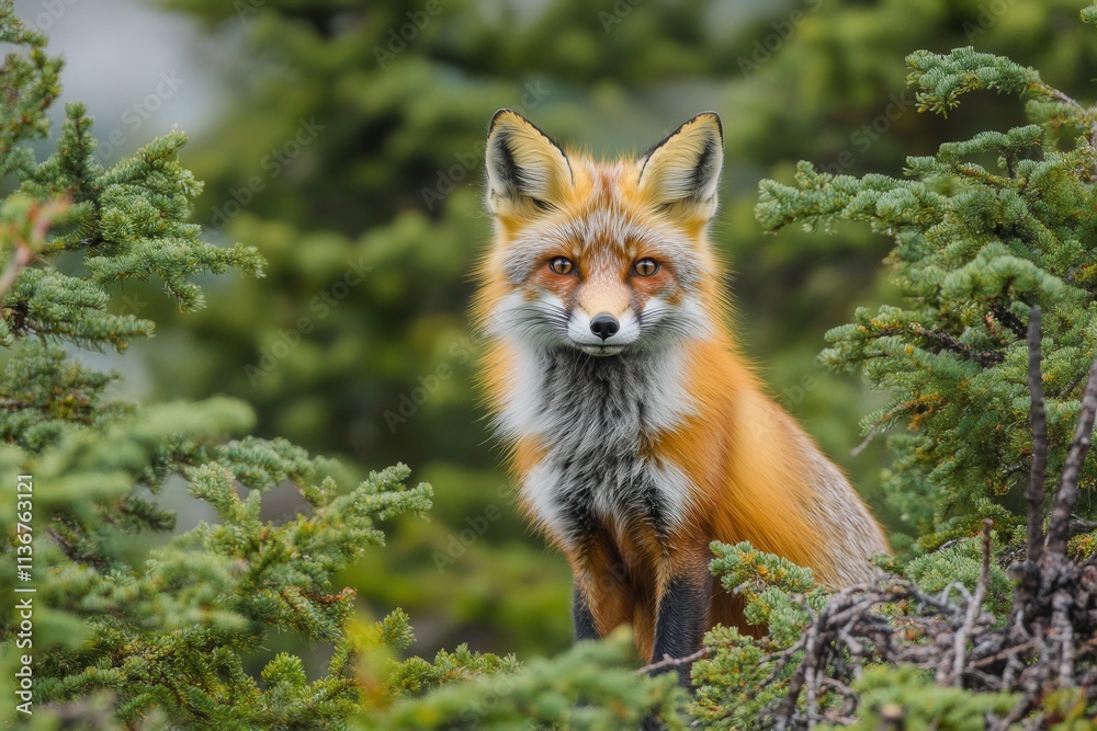 Close-up of a Red Fox (Vulpes vulpes) with a bokeh background of pine trees, looking directly at the camera Close-up of a Red Fox (Vulpes vulpes) with a bokeh background of pine trees, looking directly at the camera