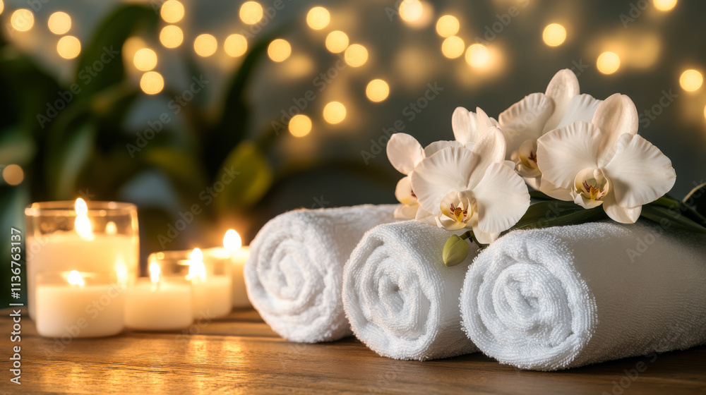 Relaxing spa setting with candles, white towels, and orchids creating a calming atmosphere for wellness and rejuvenation Relaxing spa setting with candles, white towels, and orchids creating a calming atmosphere for wellness and rejuvenation