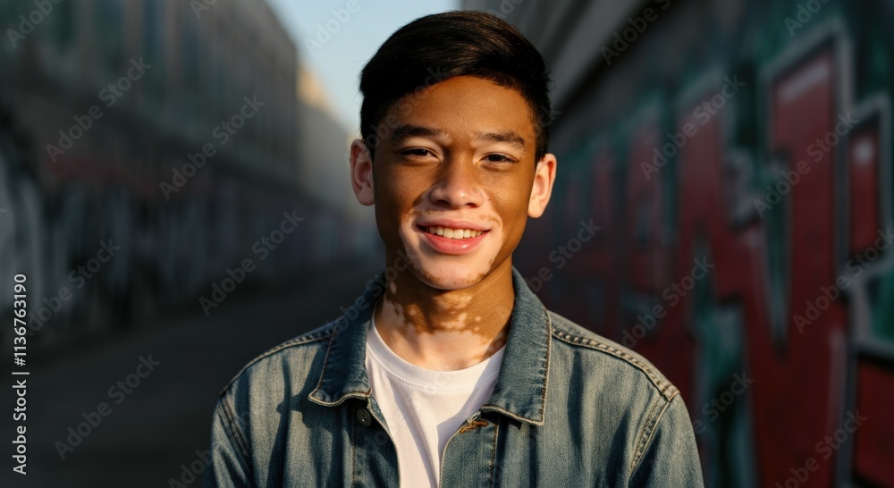 Young asian male with vitiligo smiling in urban graffiti alley at sunset Young asian male with vitiligo smiling in urban graffiti alley at sunset