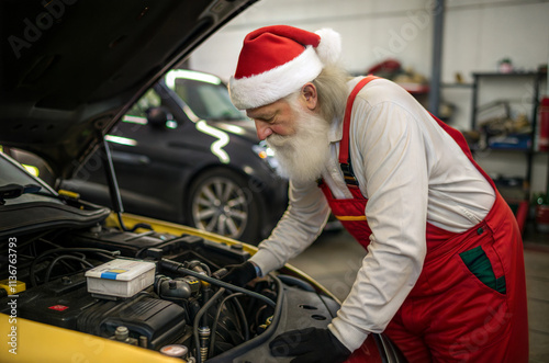 Santa Mechanic Working on Car Engine in Auto Repair Shop