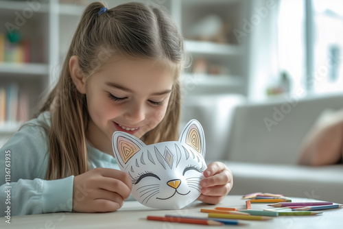 cute little girl holding a paper mask of a cat for carnival