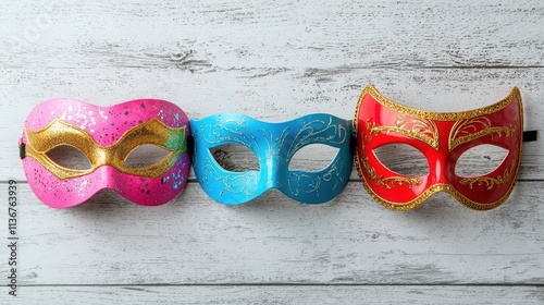 Colorful masquerade masks in pink, blue, and red resting on a wooden surface, symbolizing celebration and festivity. photo