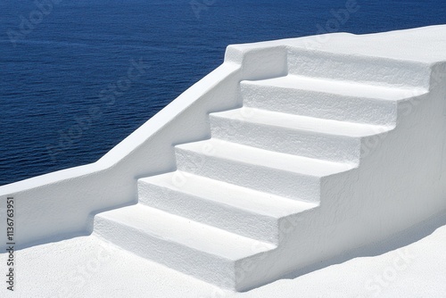 Fototapeta Naklejka Na Ścianę i Meble -  In Oia village on Santorini Island, Greece, a charming narrow street with stairs that lead to the sea, showcasing a picturesque summer scene and a beautiful sea view