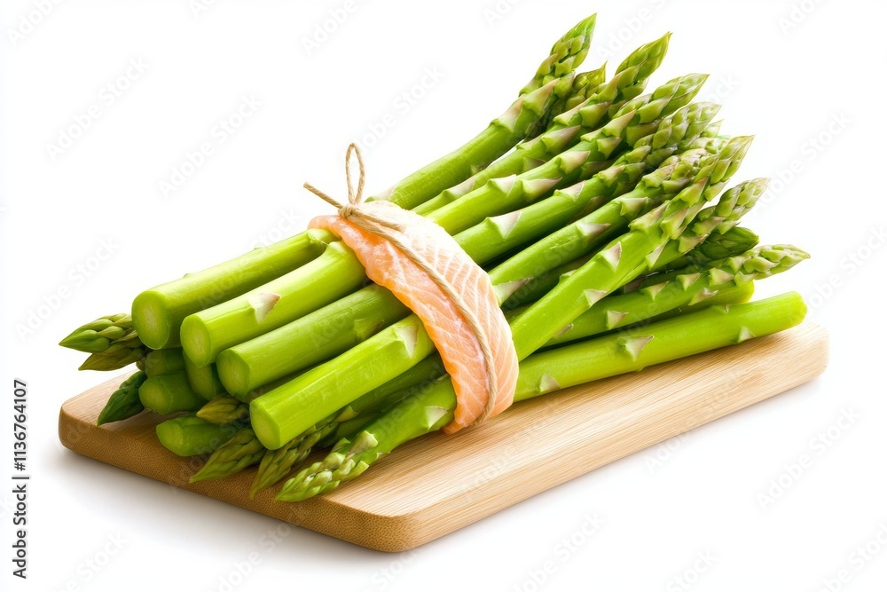 Ensalada fresca de espárragos verdes y salmón crudo, presentada en una tabla de madera Ensalada fresca de espárragos verdes y salmón crudo, presentada en una tabla de madera