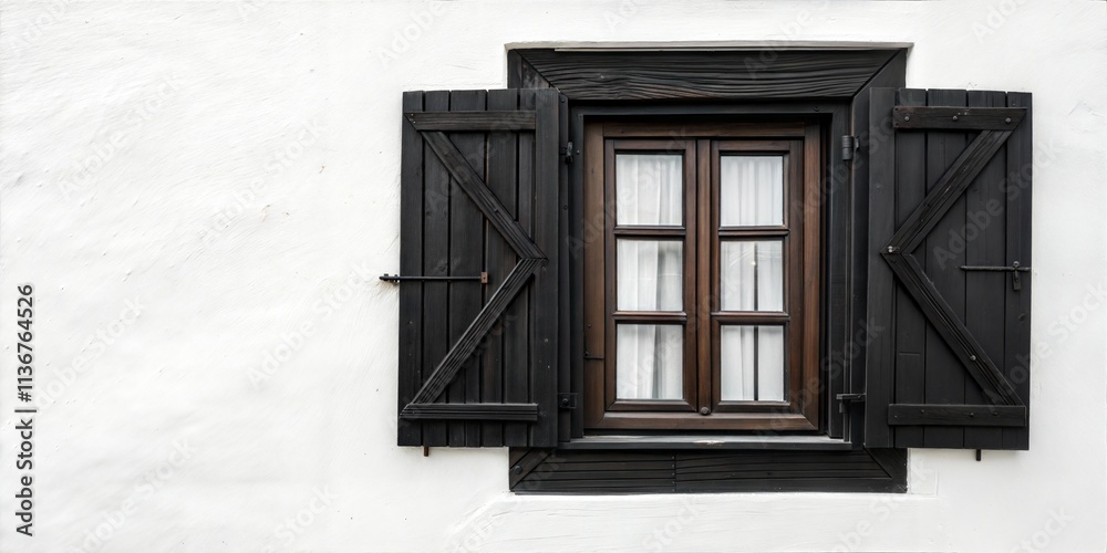 Fototapeta premium Vintage black open wooden window on white rustic wall.