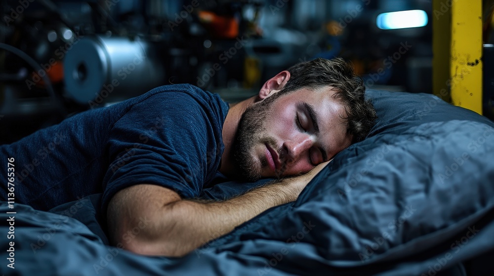 A factory worker sleeping on a full-sized bed placed amidst the machinery on the factory floor, surrounded by noise and tools A factory worker sleeping on a full-sized bed placed amidst the machinery on the factory floor, surrounded by noise and tools