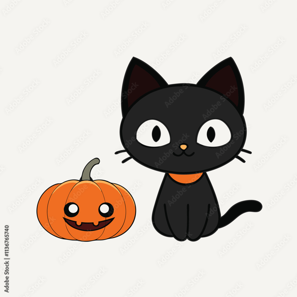 Halloween card with black cat sitting on carved pumpkin and bats, colorful vector illustration Halloween card with black cat sitting on carved pumpkin and bats, colorful vector illustration