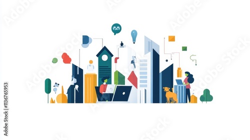 A cityscape with people working on laptops and a dog