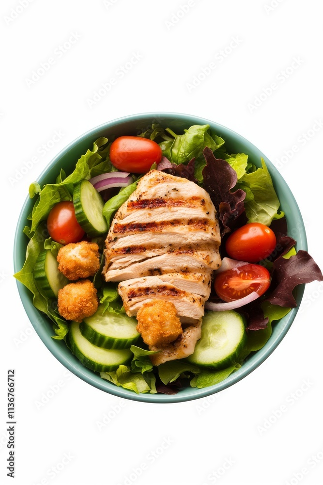 Ensalada vibrante con nuggets de pollo y vegetales frescos en fondo blanco Ensalada vibrante con nuggets de pollo y vegetales frescos en fondo blanco